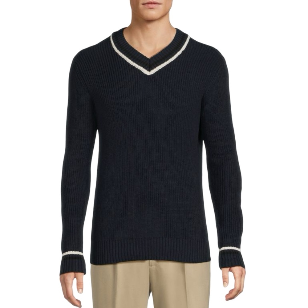 NWT 100% Cotton Hedge Dark Blue V-Neck Knit Pull Over Sweater Preppy Academia
